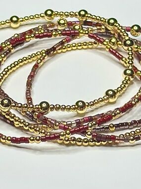 BramFam Beads Burgundy Gold Filled Bracelet Set of 6. Size 6.25”